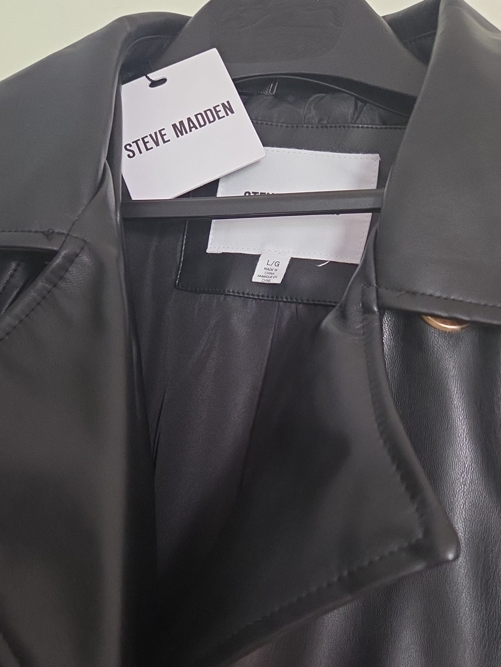 NWT Steve Madden Ladies Black Faux Leather Trench Coat Sz L